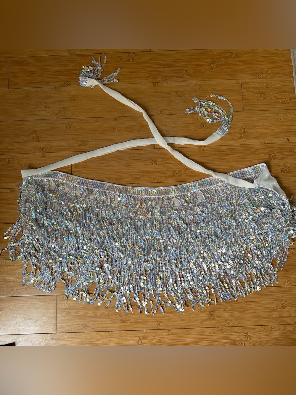 Sequin Fringe Belt with Iridescent Tassels - Silver